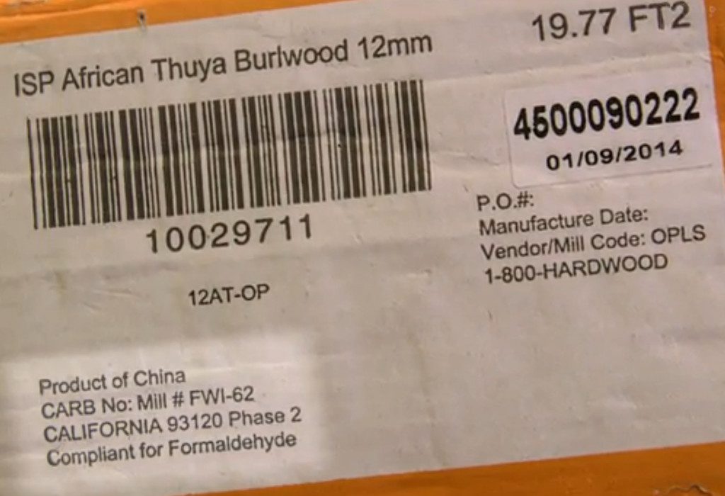 Lumber Liquidators label that they allegedly placed on high-emitting laminate that they made in China